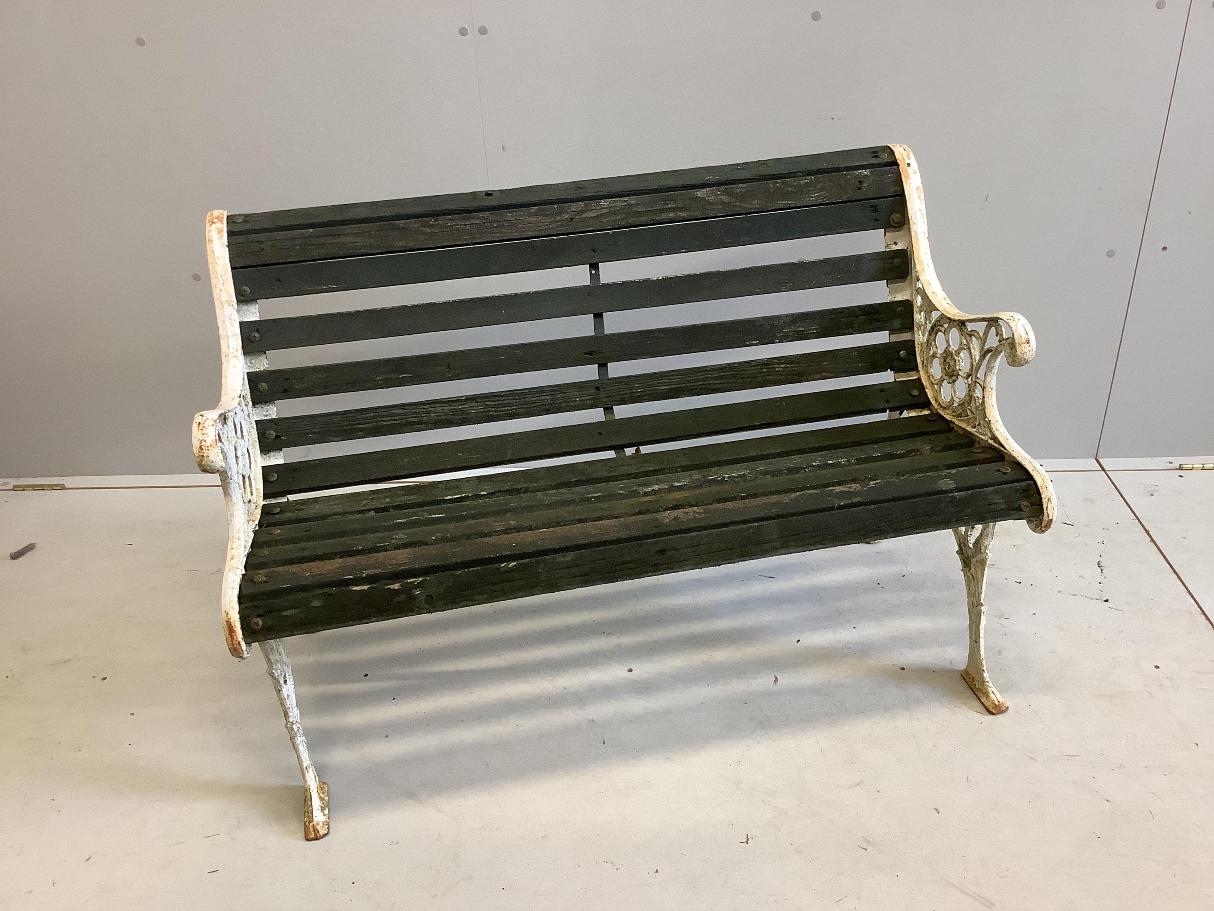 A Victorian style slatted aluminium garden bench, width 110cm, depth 54cm, height 72cm. Condition - fair